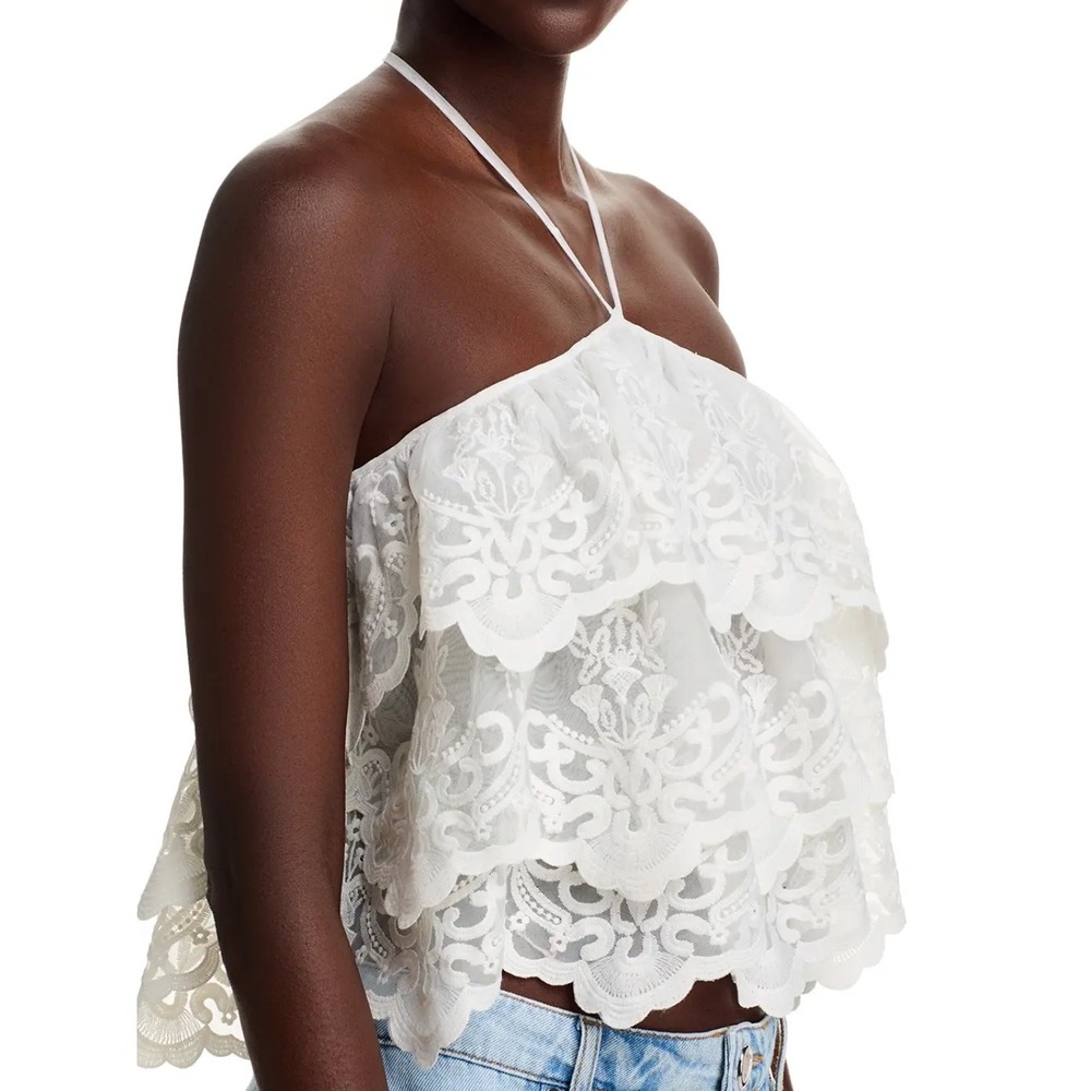 AQUA Lace‎ Halter Top Ruffle Tiered Sleeveless Party Festival White M - Picture 4 of 9